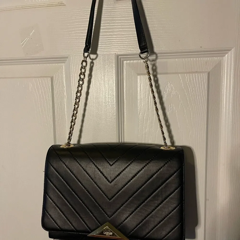 Karl Lagerfeld Purse Womens Black Quilted Shoulder Bag Gold tone Chain Strap